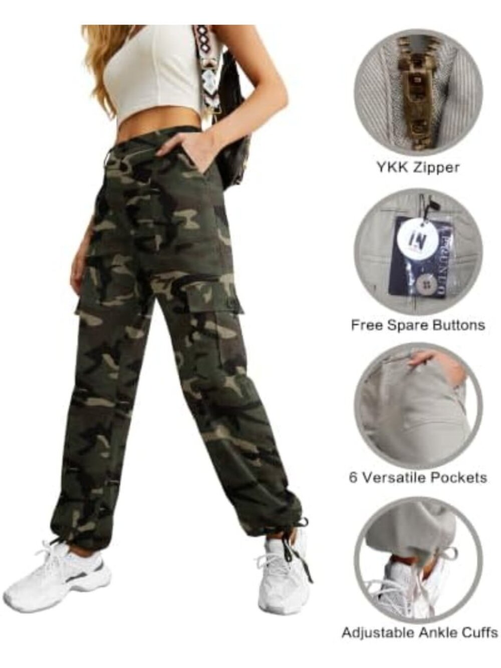 High Waisted Cargo Pants for Women | Y2K Streetwear, Baggy, Stretchy, 6 Pockets - Picture 3 of 5